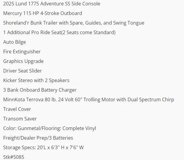 Slide: The Image of 2025 Lund 1775 Adventure SS features and specifications list. - 4