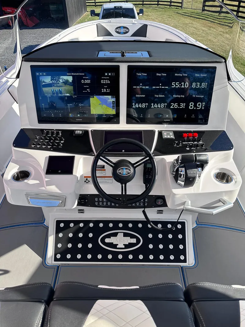 Slide: The Image of 2021 Cigarette 39 GTS boat dashboard with dual screens and advanced controls. - 5