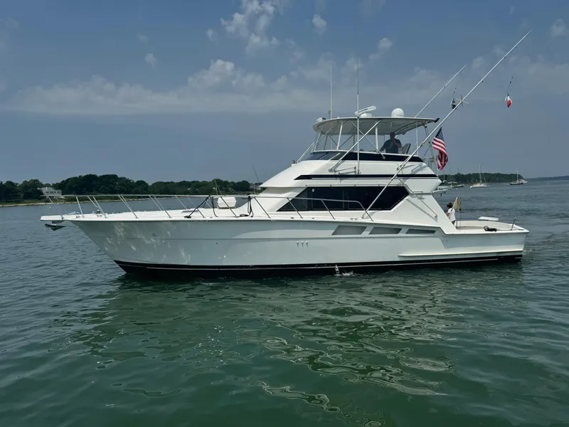 The Image of 1994 Hatteras 54 Convertible yacht on calm water under a clear sky. - 0