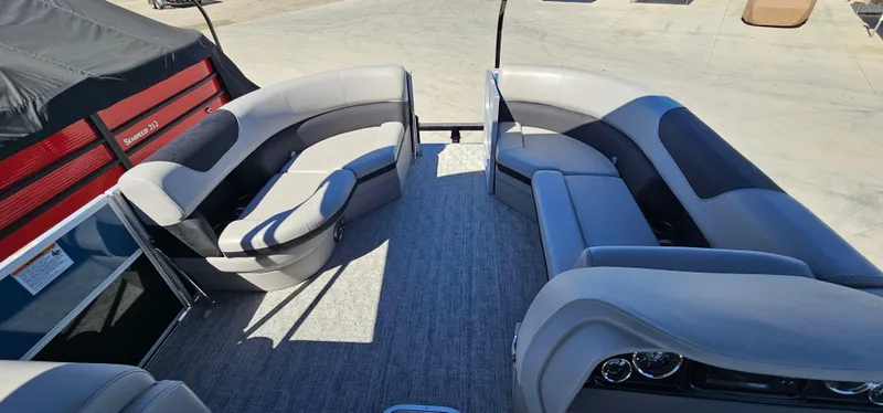 Slide: The Image of 2025 South Bay 224FCRLE pontoon boat interior with spacious seating. - 4