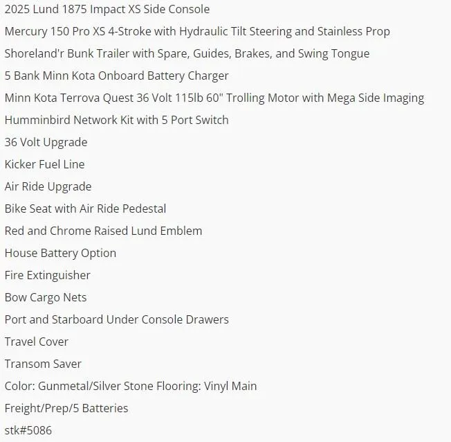 Slide: The Image of 2025 Lund 1875 Impact XS SS features and specifications list. - 4