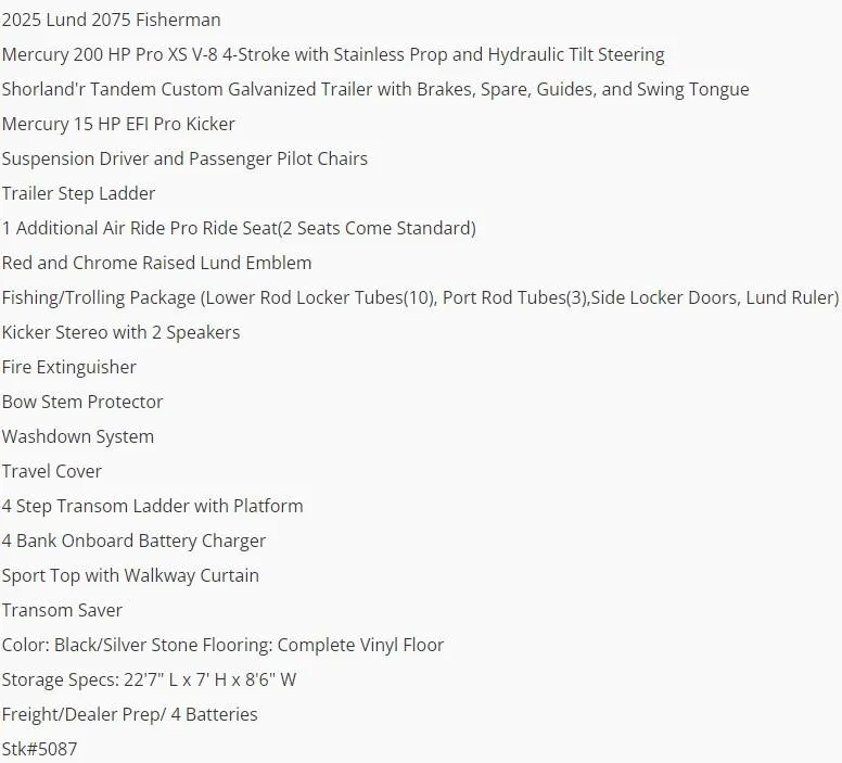 Slide: The Image of 2025 Lund 2075 Fisherman boat features and specifications list. - 5