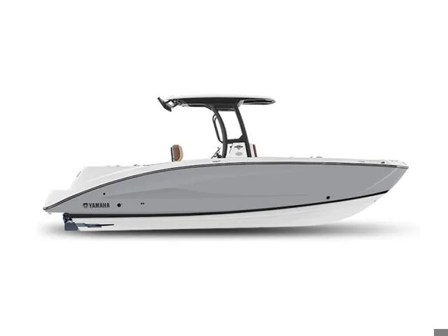 Slide: The Image of 2024 Yamaha Boats 255 FSH Sport E, side view, sleek design, gray and white color. - 8