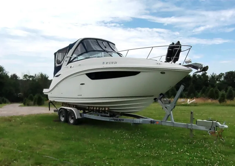 The Image of 2015 Sea Ray 260 Sundancer boat on a trailer in a grassy area. - 0