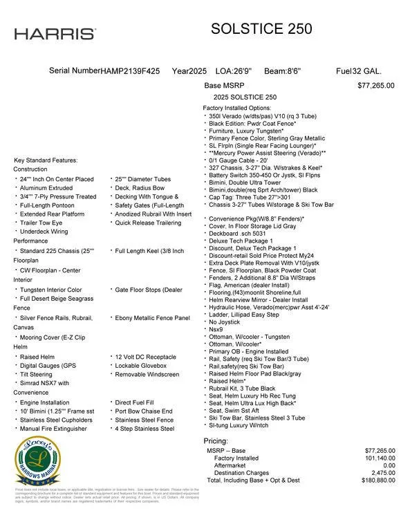 Slide: The Image of 2025 Harris Solstice 250 features and pricing details, including standard and optional equipment. - 18