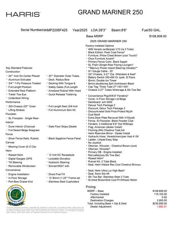 Slide: The Image of 2025 Harris Grand Mariner 250 specifications and pricing details sheet. - 18