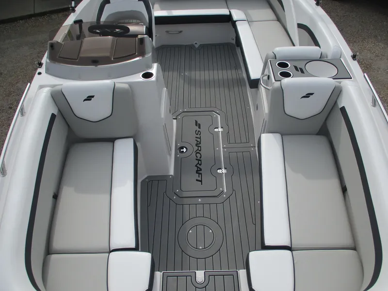 Slide: The Image of 2025 Starcraft SVX191 boat interior with gray seating and deck. - 5