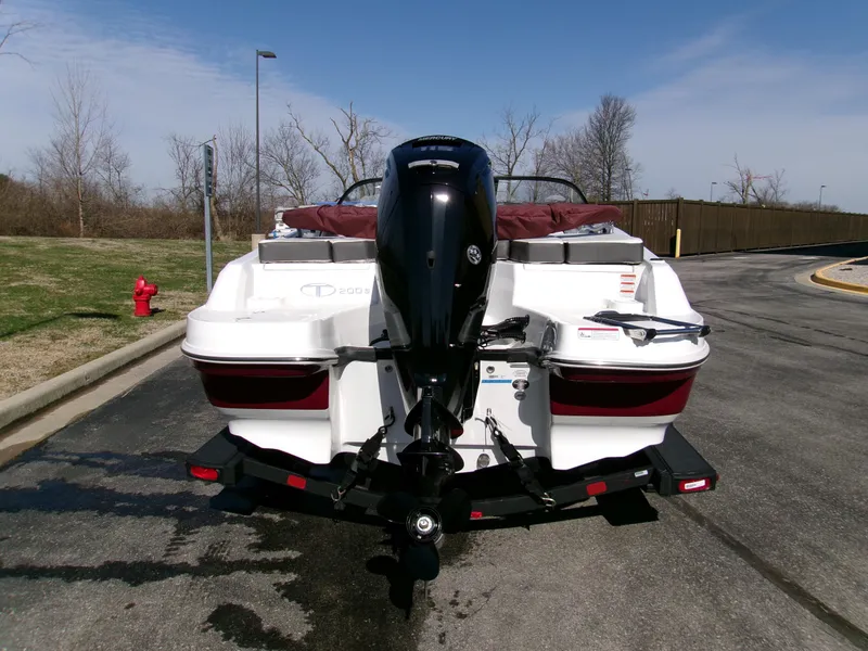 Slide: The Image of 2024 Tahoe 200 S boat on trailer, rear view, parked outdoors. - 3