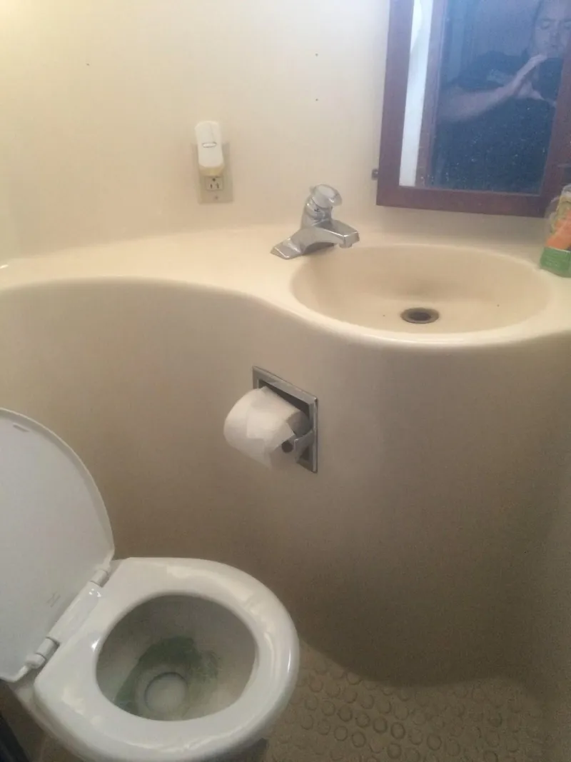 Slide: The Image of 1985 Bluewater 42 Coastal Cruiser bathroom with sink, toilet, and mirror. - 8