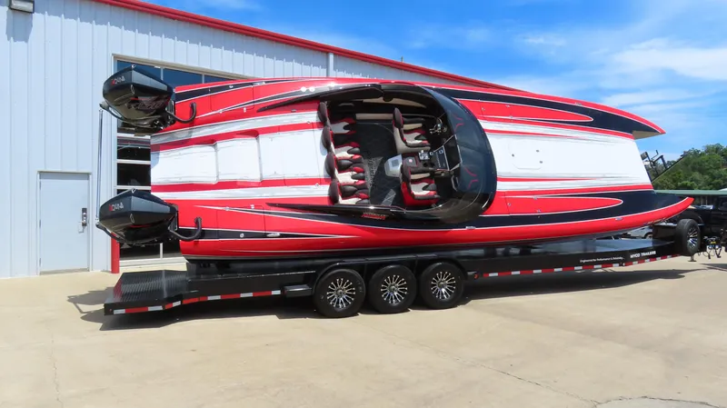 Slide: The Image of 2020 Wright Performance 360 boat on a trailer outside a building. - 1