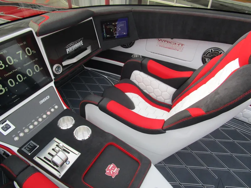 Slide: The Image of Modern Wright Performance 360 boat interior, 2020 model, featuring advanced controls and luxurious seating. - 14