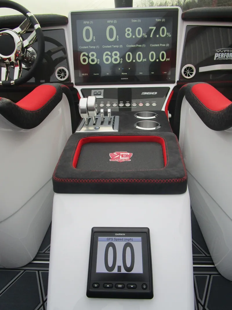 Slide: The Image of Wright Performance 360 boat dashboard, 2020 model, with advanced digital displays and controls. - 16