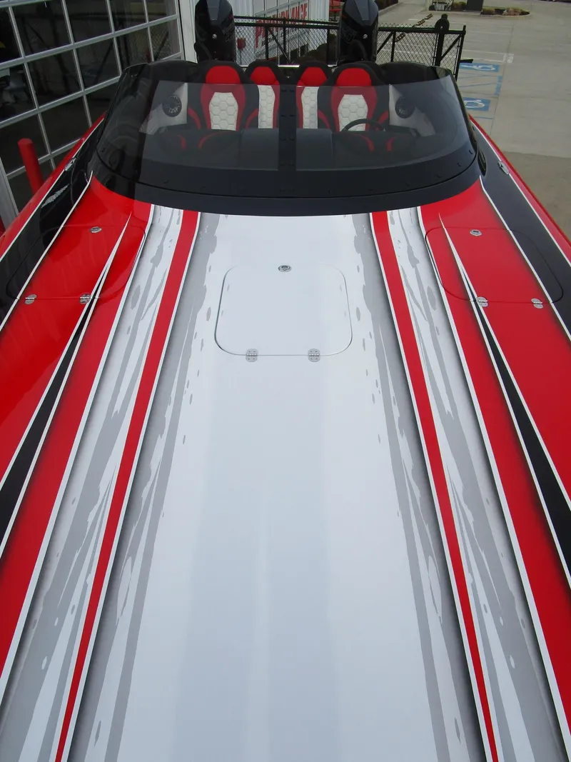 Slide: The Image of 2020 Wright Performance 360 boat with sleek red, white, and black design. - 17