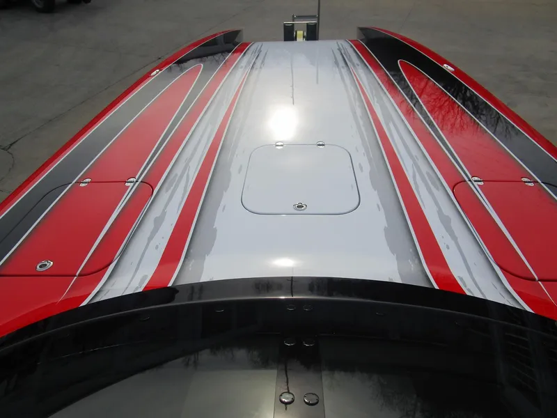 Slide: The Image of Top view of 2020 Wright Performance 360 boat with red, black, and gray design. - 18