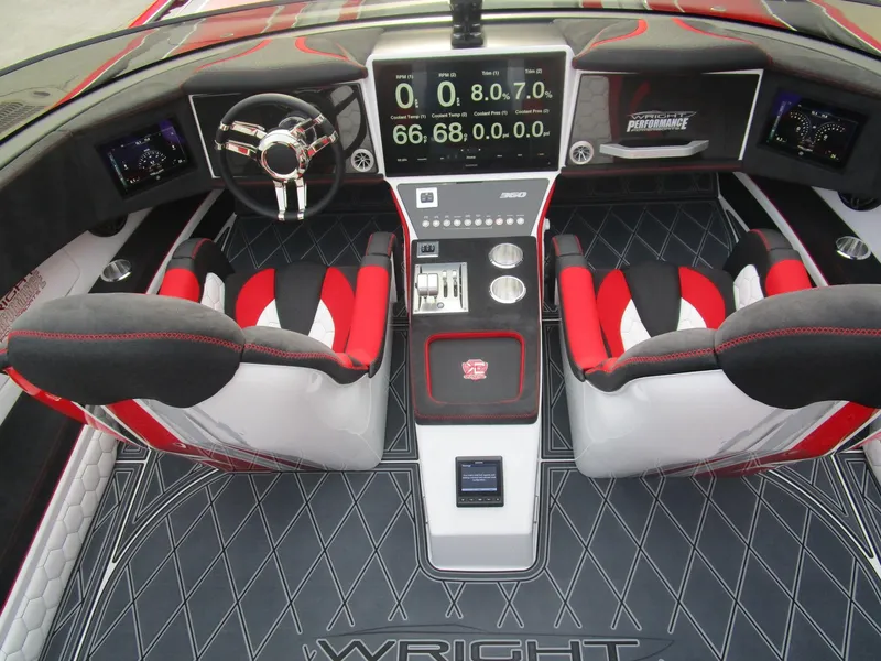 Slide: The Image of Cockpit of 2020 Wright Performance 360 boat with dual seats and advanced dashboard. - 19