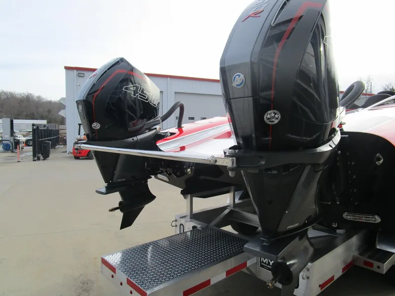Slide: The Image of 2020 Wright Performance 360 boat with dual outboard motors on a trailer. - 22
