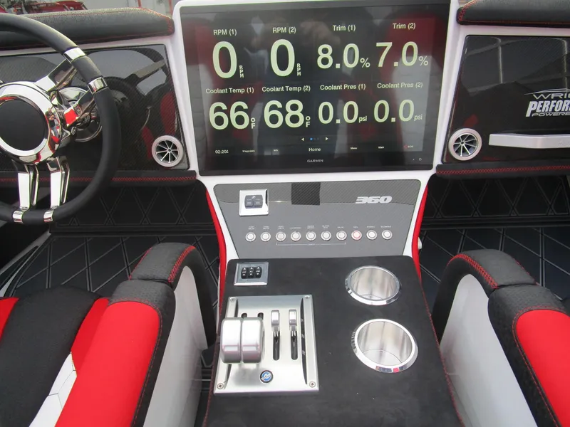Slide: The Image of 2020 Wright Performance 360 boat dashboard with digital display and controls. - 23