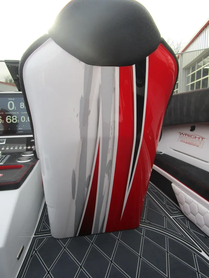 Slide: The Image of 2020 Wright Performance 360 boat seat with red, white, and black design. - 25