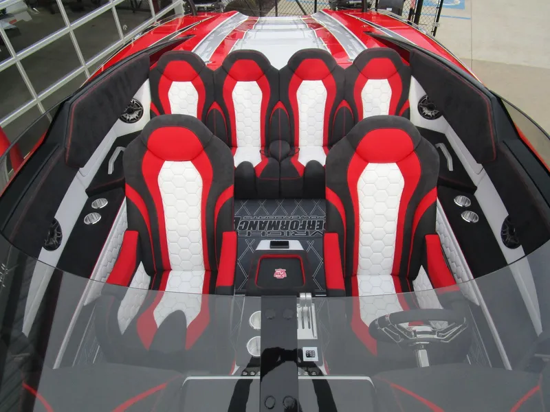 Slide: The Image of 2020 Wright Performance 360 boat interior with red and white seats. - 26