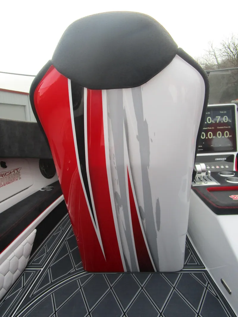Slide: The Image of 2020 Wright Performance 360 boat seat with red, white, and black design. - 28