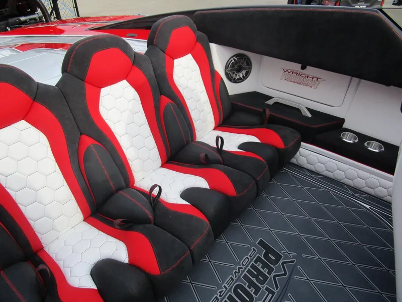 Slide: The Image of 2020 Wright Performance 360 boat interior with red, white, and black seats. - 35