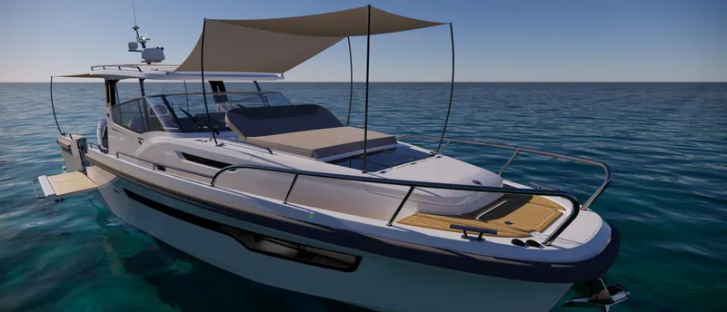 Slide: The Image of 2024 Nimbus W11 luxury motorboat with sunshade on open water. - 9