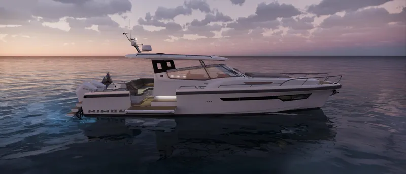 Slide: The Image of 2024 Nimbus W11 yacht at sunset on calm waters. - 13