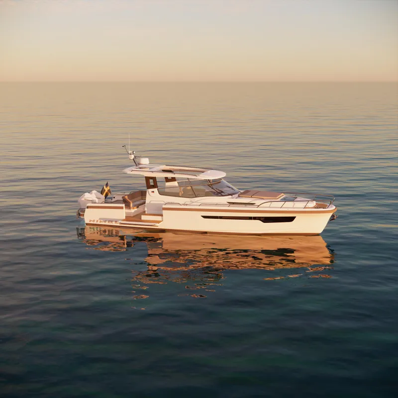 Slide: The Image of 2024 Nimbus W11 yacht on calm sea at sunset. - 2