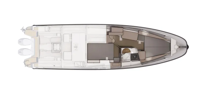 Slide: The Image of Top view of 2024 Nimbus W11 boat layout with twin outboard motors. - 21
