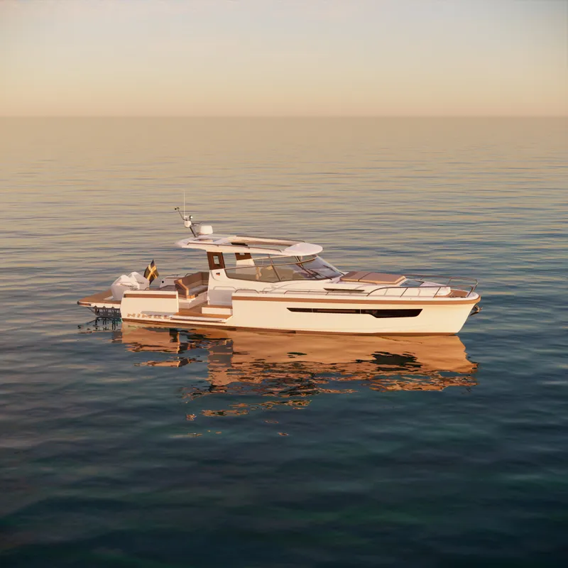 Slide: The Image of 2024 Nimbus W11 yacht on calm sea at sunset. - 4