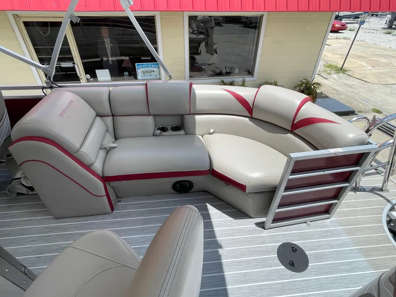 Slide: The Image of 2018 Berkshire 250E STS pontoon boat with luxurious seating and modern design. - 12