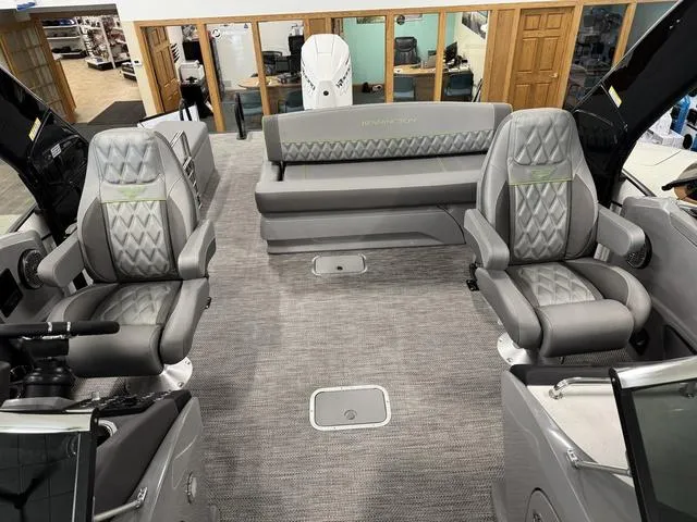 Slide: The Image of 2024 Bennington 28 QXSBWA X1 boat interior with luxurious seating and modern design. - 14