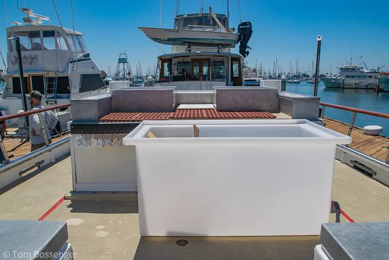 Slide: The Image of 1975 Blanchard Passenger Sportfisher boat docked in marina, featuring spacious deck and clear sky. - 33