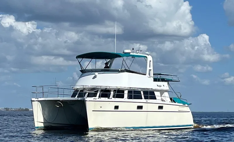 The Image of 2008 PDQ MV-41 boat with teal canopy, docked near trees under clear blue sky. - 0