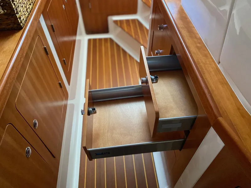 Slide: The Image of Interior of 2008 PDQ MV-41 yacht with wooden cabinetry and bathroom view. - 35