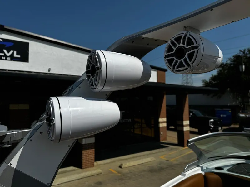 Slide: The Image of 2023 MB SPORTS B52 23 Alpha boat speakers on a wakeboard tower. - 13