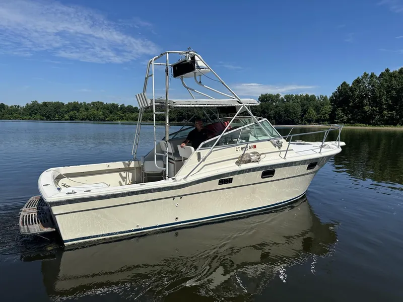 Slide: The Image of 1984 Aquasport 270 Express Fisherman boat on a calm lake. - 4