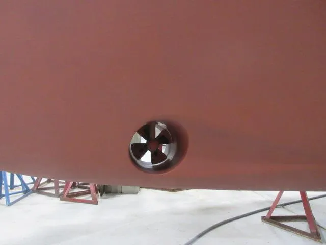 Slide: The Image of Close-up of 2003 Legacy Yachts 34 Sedan hull with bow thruster. - 41