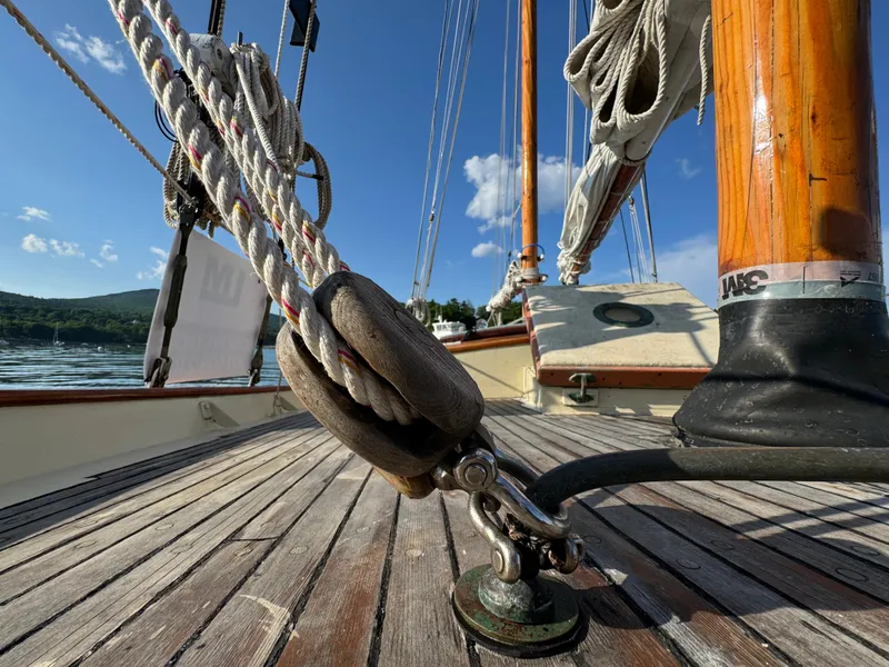 Slide: The Image of Close-up of rigging on 1996 Custom John Alden Malabar II sailboat, with clear blue sky. - 22