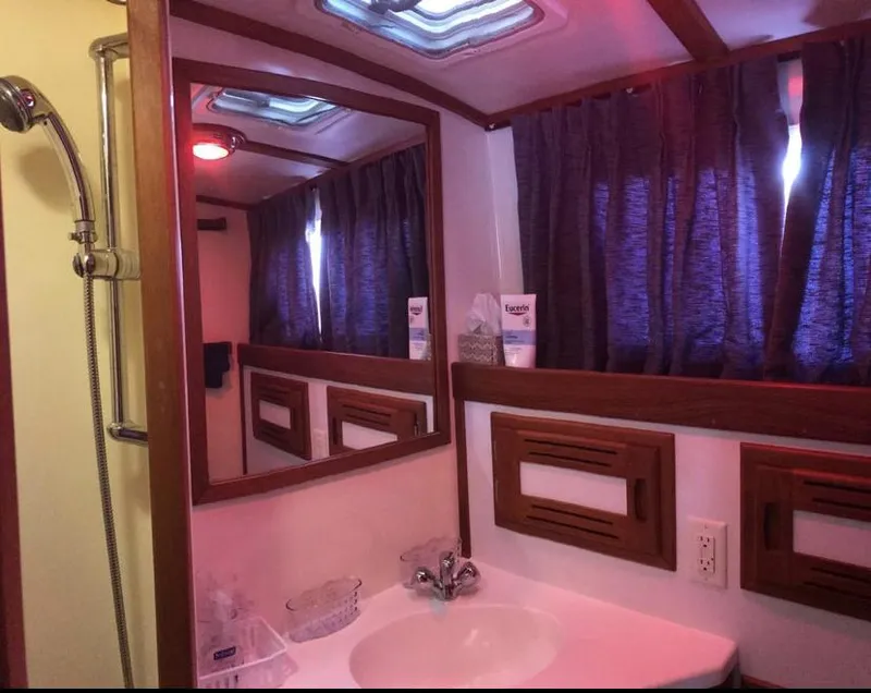 Slide: The Image of 2007 Duffy Aft Cabin bathroom with mirror, sink, and showerhead. - 34