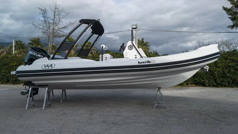 Slide: The Image of 2025 Aqvaboats Luxrib 22 inflatable boat on stands, side view. - 19