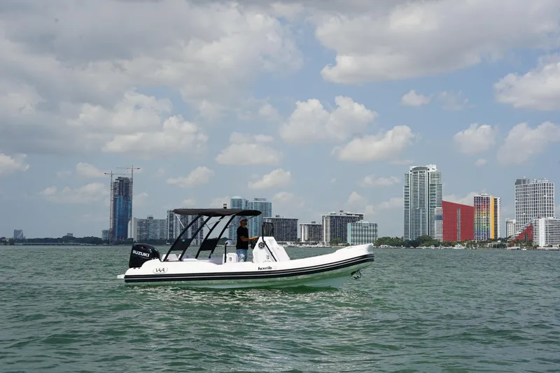 Slide: The Image of 2025 Aqvaboats Luxrib 22 cruising near city skyline on a sunny day. - 2