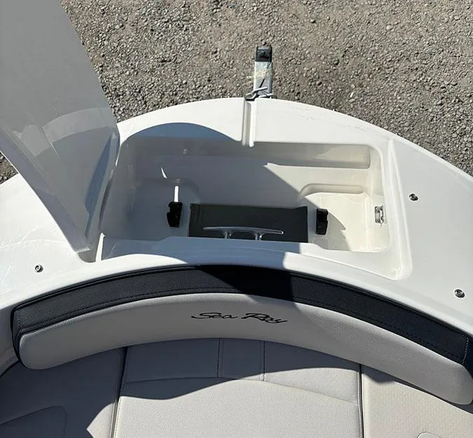 Slide: The Image of 2024 Sea Ray SPX 210 boat storage compartment with open lid. - 18
