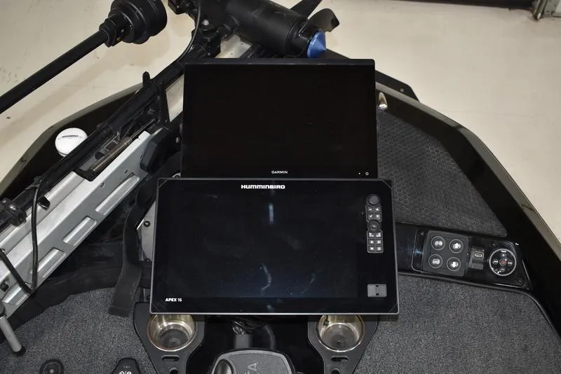 Slide: The Image of iKon LX21 2023 boat dashboard with Garmin and Humminbird displays. - 5