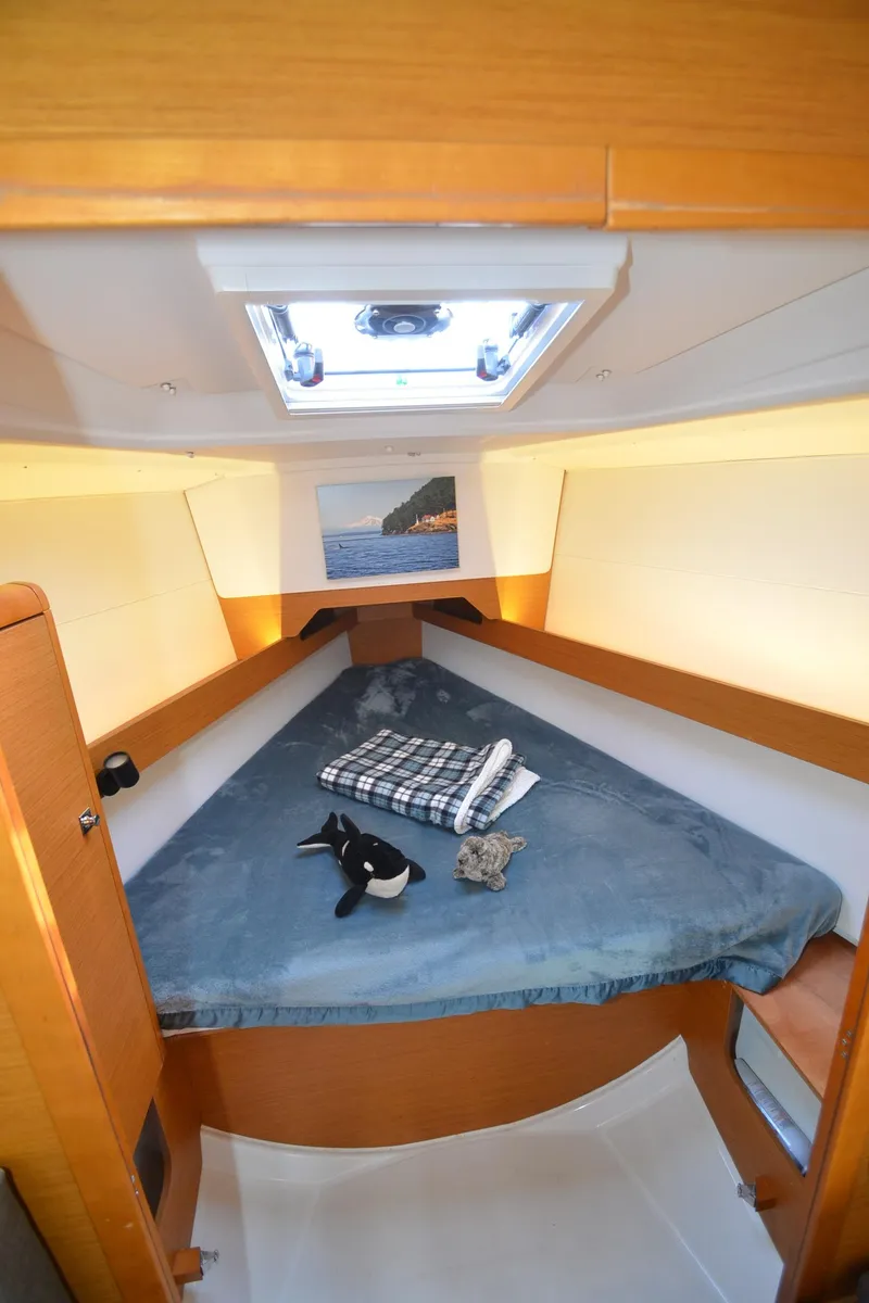 Slide: The Image of 2015 Jeanneau 349 cabin interior with skylight and cozy bedding. - 23