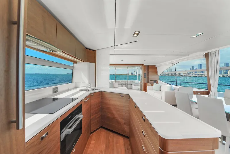 Slide: The Image of Modern kitchen interior on a 2021 Princess Y78 yacht with ocean view. - 26