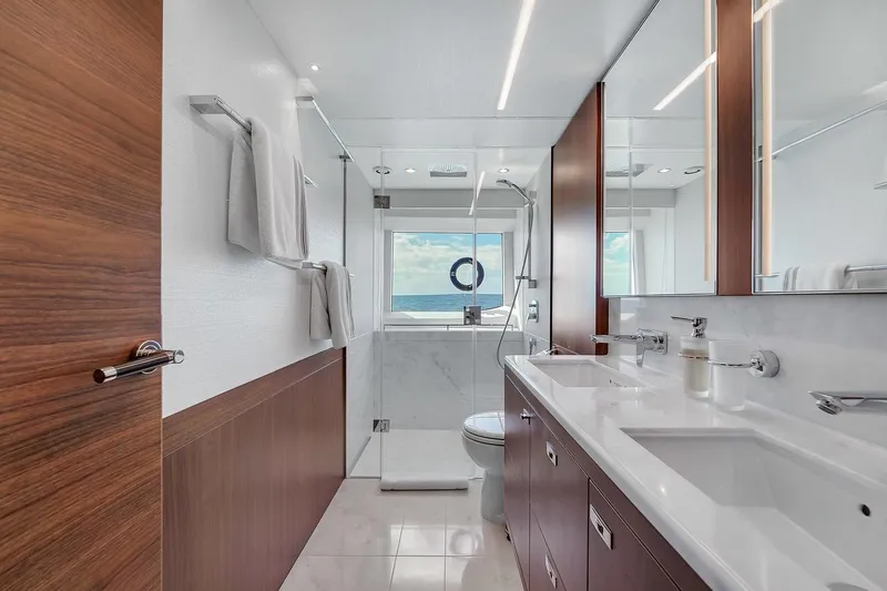 Slide: The Image of Luxurious bathroom on Princess Y78 yacht, 2021 model, featuring modern fixtures and ocean view. - 47