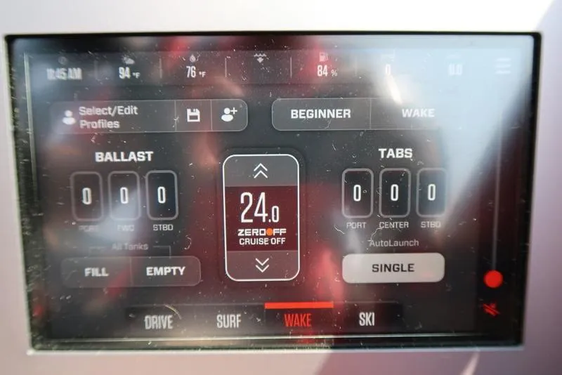 Slide: The Image of Touchscreen control panel of a 2025 MasterCraft NXT20 boat, displaying ballast and tab settings. - 22