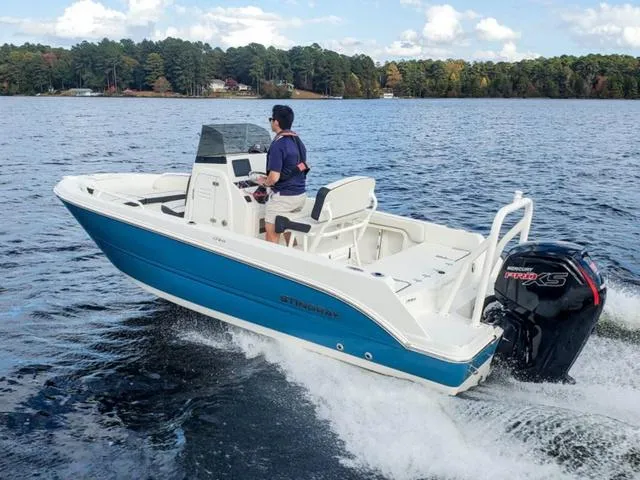 Slide: The Image of 2023 Stingray 173CC boat cruising on a lake with a person at the helm. - 29