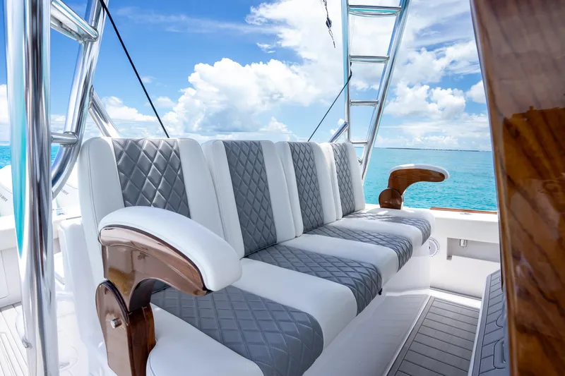 Slide: The Image of 2023 Front Runner 47 Center Console boat seating with ocean view. - 26